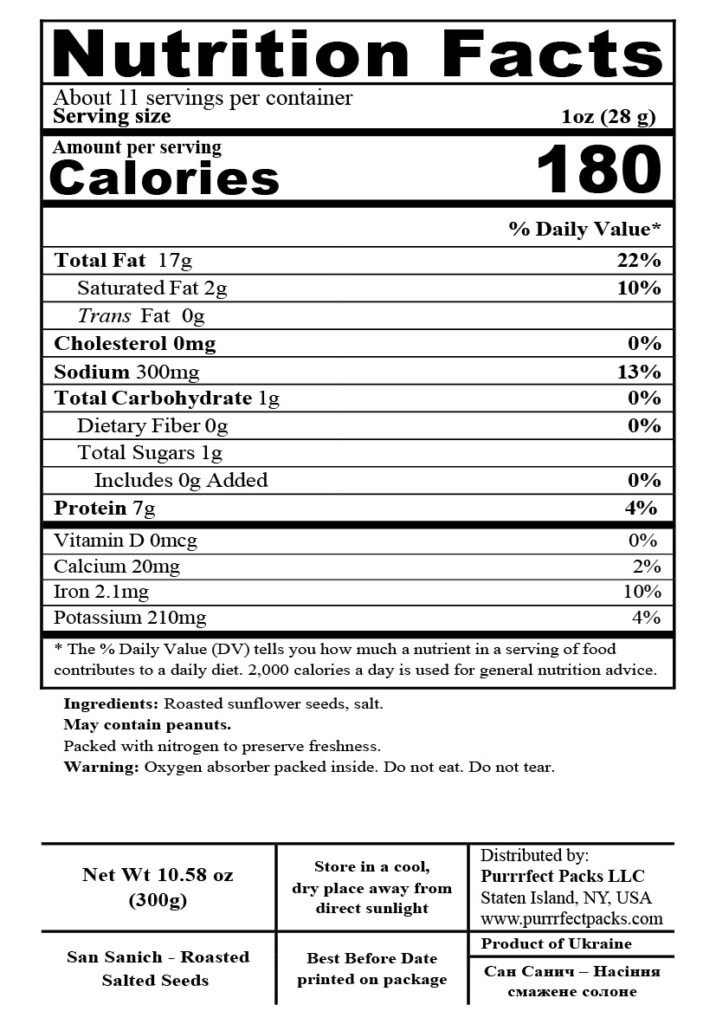 Roasted Salted Seeds 300g — nutrition label
