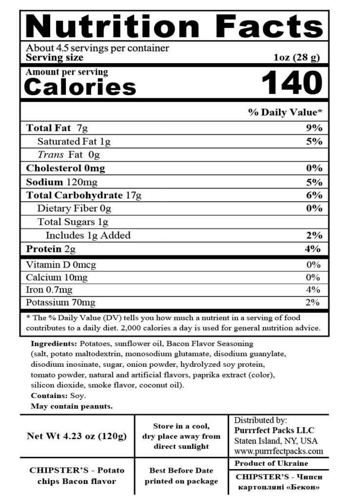 Chipster's Bacon 120g — nutrition label