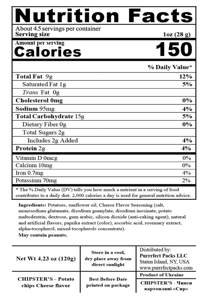 Chipster's Cheese 120g — nutrition label