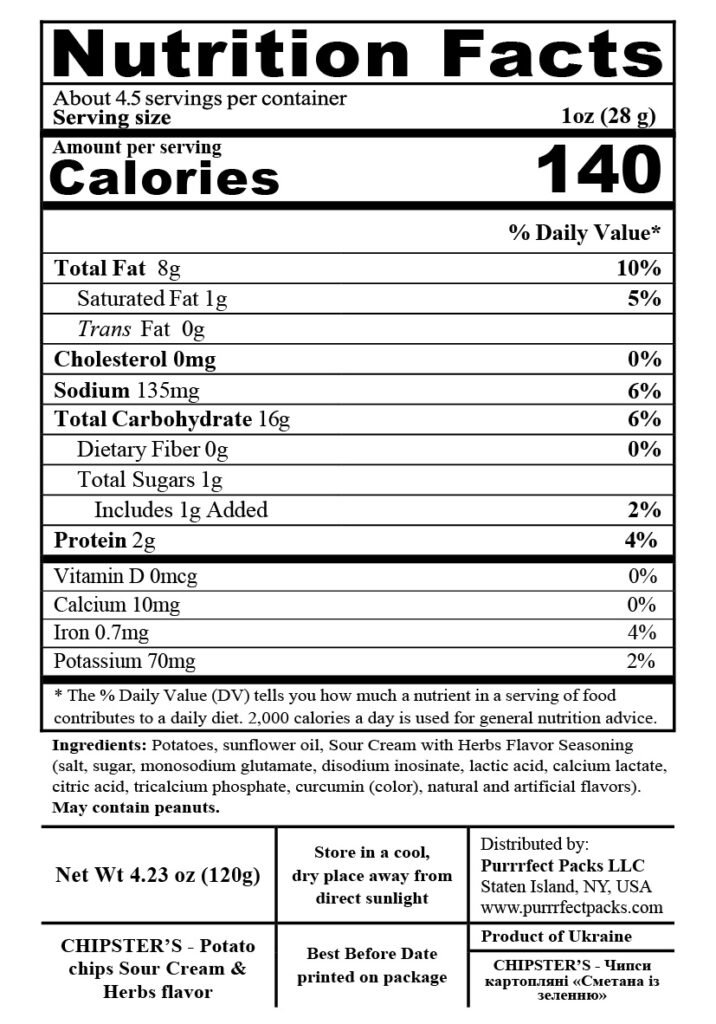 Chipster's Sour Cream & Herbs 120g — nutrition label