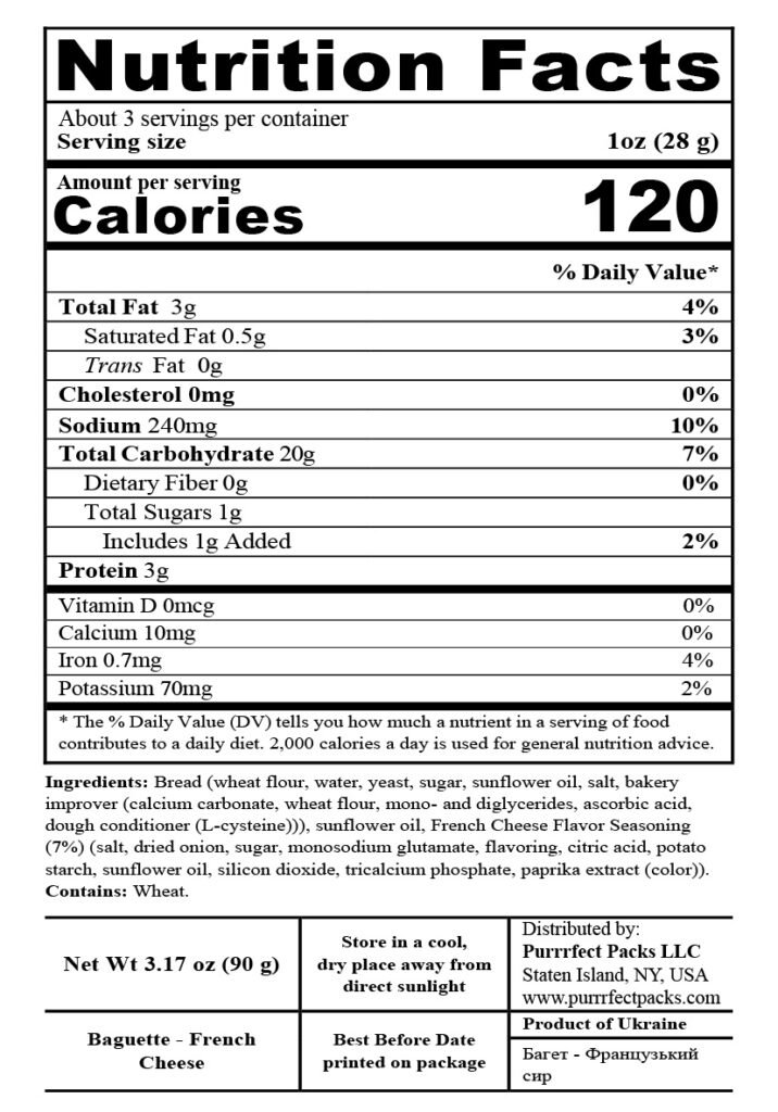 Baguette French Cheese 90g — nutrition label
