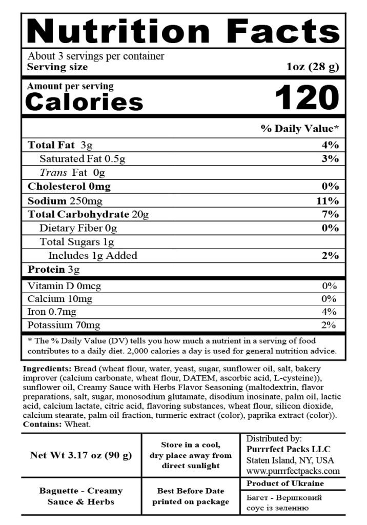 Baguette Creamy Sauce & Herbs 90g — nutrition label