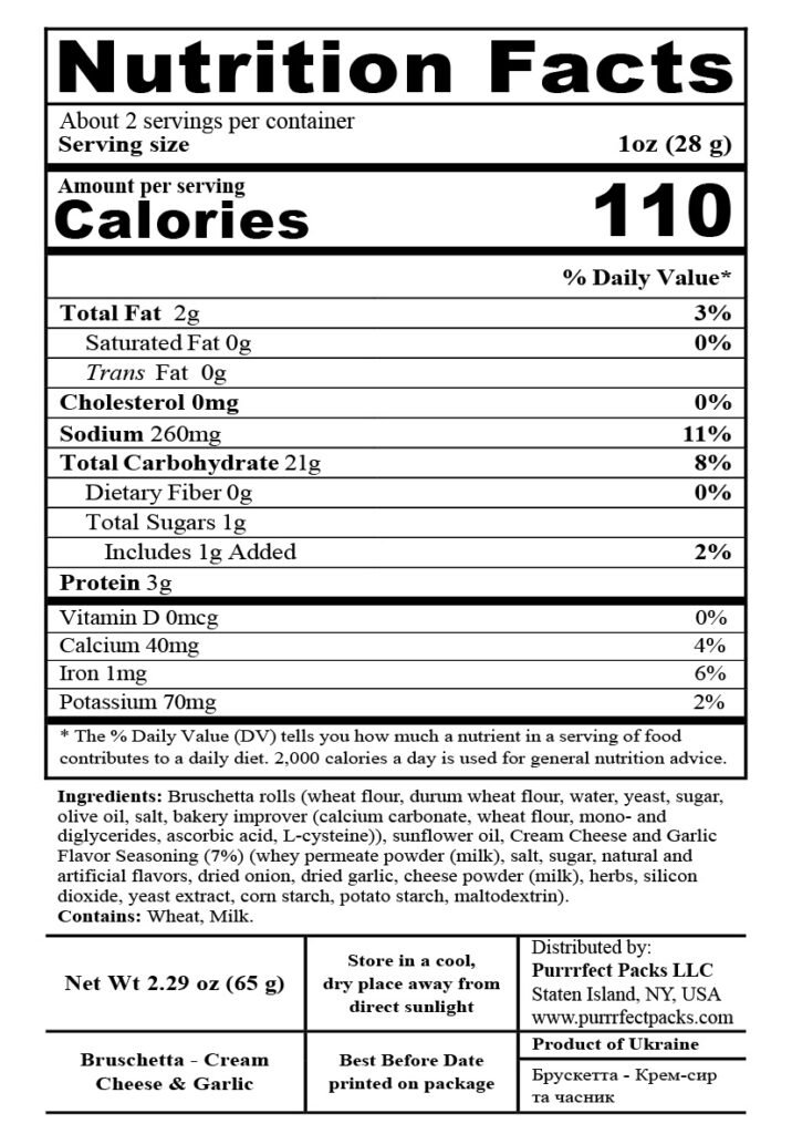 Bruschetta Cream Cheese & Garlic 65g — nutrition label