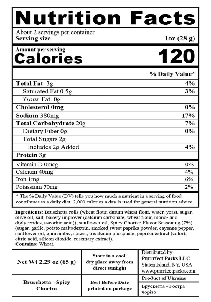 Bruschetta Spicy Chorizo 65g — nutrition label