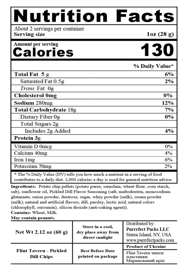 Flint Tavern Pickled Dill Chips 60g — nutrition label