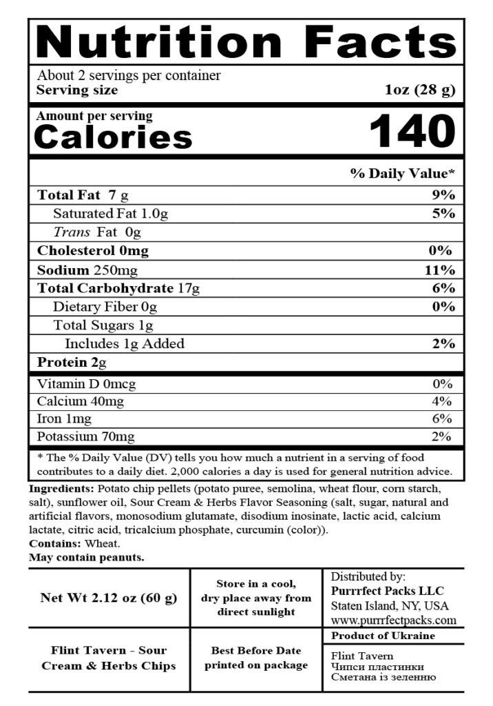 Flint Tavern Sour Cream & Herbs Chips 60g — nutrition label