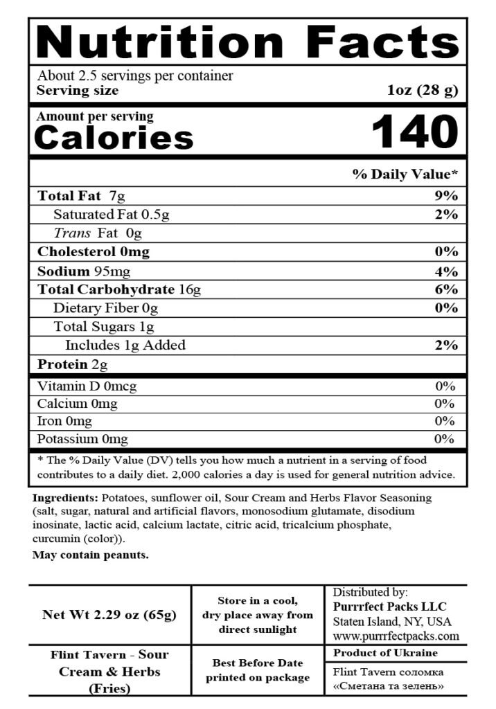 Flint Tavern Sour Cream & Herbs Fries 65g — nutrition label