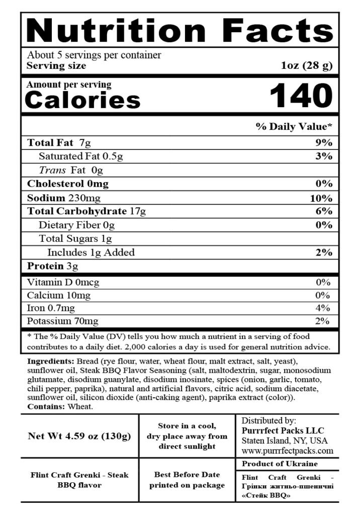 Craft Grenki Steak BBQ 130g — nutrition label